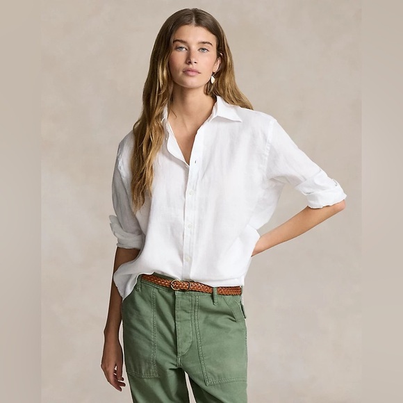 LAUREN Ralph Lauren Linen White Plaid Loose Oversized Fit Button Blouse Size S - Picture 1 of 10